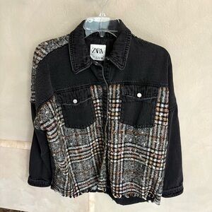 Zara Black and Gray Checkered Denim and Wool Jacket